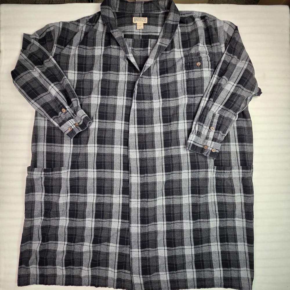 Duluth Trading Co Flannel Nightshirt Mens 3XL Gray Black Plaid Cotton Sleepwear